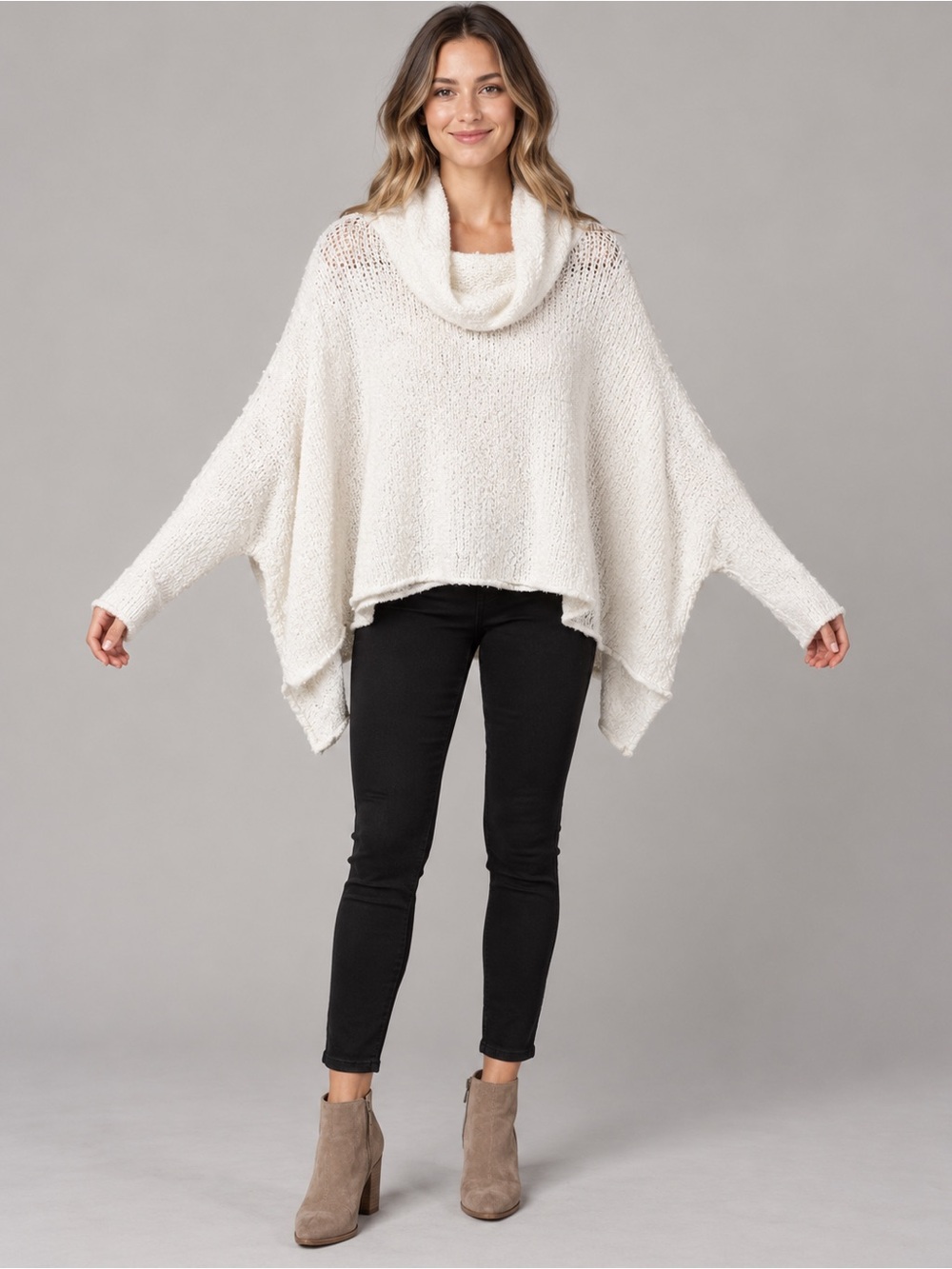 Free People Ivory Oversized Cowl Neck Poncho Dolman Sweater Small